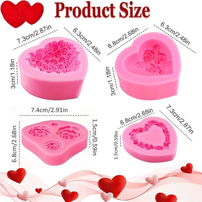 4 Pcs 3D Rose Flower Silicone Molds Mother's Day Fondant Mold Wedding Fondant Cake Molds Heart Candy Silicone Molds Chocolate Mould for Cake Topper Polymer Clay Soap Wax Making Party Supplies