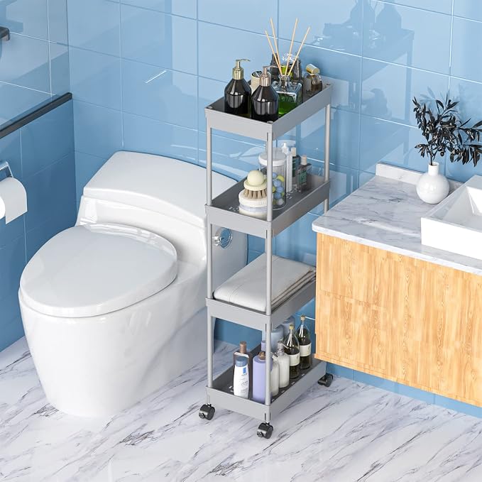 Sooyee 4 Tier Wide Storage Cart Mobile Shelving Unit Organizer Slide Out Storage Rolling Utility Cart Tower Rack for Kitchen Bathroom Laundry, Plastic & Stainless Steel,Grey