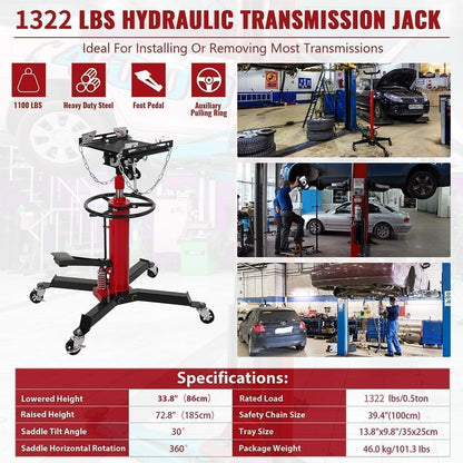 Transmission Jack with 1 Stage Hydraulic Ram, 1322 LBS Hydraulic Telescoping Transmission Jack with Foot Pedal & 360° Swivel Wheels, Heavy-Duty Garage/Workshop Jacks for Car/Truck Repairs, Red