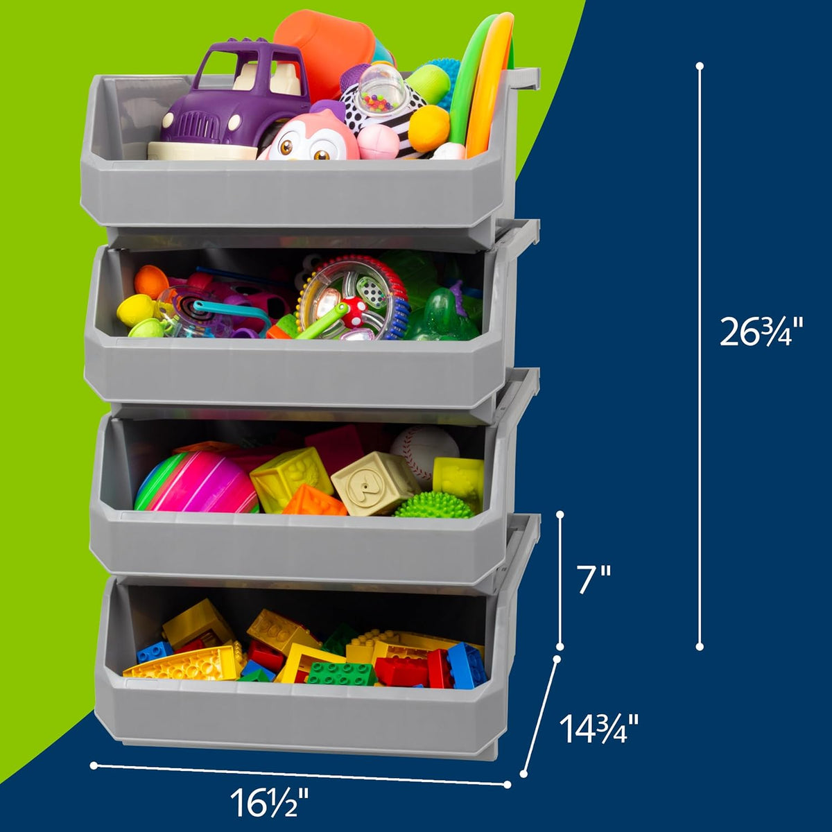 Plastic Containers for Organizing and Storage Bins for Closet, Kitchen, Office, Garage or Pantry Organization, Stackable Bins, Extra Large (14.8" x 16.5" x 7"), 4-Pack, Blue