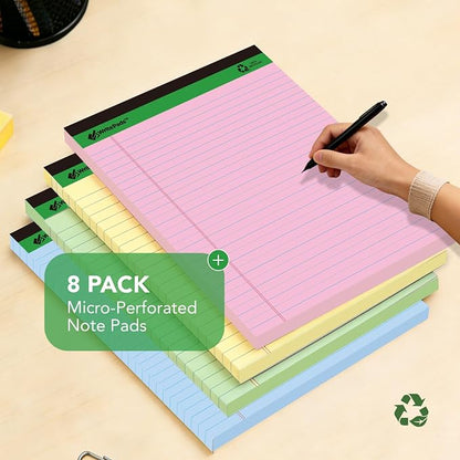 KAISA Colored Legal Pad 15lb Recycled Paper Writing Pad, 4pcs 5"x8" Narrow Ruled and 4pcs 8.5x11 inch Wide Ruled, 50 Sheets, Mixed 8pads, KSU-7358