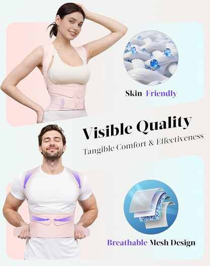 Posture Corrector for Women and Men, Full Back Support Brace, Adjustable Shoulder Straightener, Improving Posture, Relief Upper and Lower Back, Neck Pain, Pink, Small