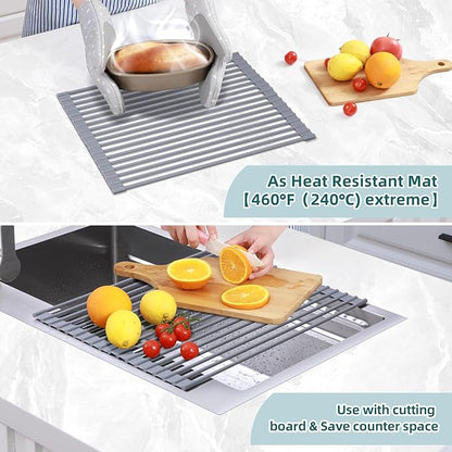 Ohuhu Roll Up Dish Drying Rack, Over The Sink Multipurpose Roll-Up Dish Racks, 16.5" W x 13" L Rolling Heat-Resistant Anti-Slip Silicone Coated Dish Drainer Portable Foldable for Kitchen Counter