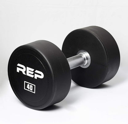REP Fitness Urethane Coated Round Dumbbells, 5 to 100 lbs, Singles or Pairs, With or Without Rack, Steel Core, Rubber Encased, Chrome Handles, Professional Weights for Home Gym Strength Training