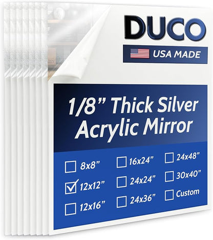 Duco USA-Made Acrylic Mirror Sheet 1/8 Inch Thick 12" x 12" (with Adhesives) - Pack of 8 Silver Frameless Plastic Mirror for Walls, Home Gyms, Bathrooms, & More - Shatter-Proof Mirrored Plexiglass