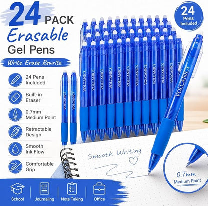 Volcanics Blue Erasable Gel Pens, 0.7mm Retractable, 24 Pack