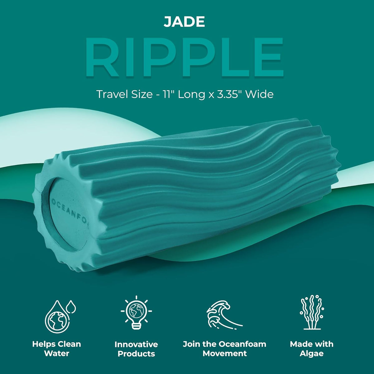 Oceanfoam Ripple Travel Foam Roller (11" x 3.35") Firm Mini Foam Roller for Physical Therapy, Deep Tissue Massage, Back Pain - High Density, Ergonomic Wave Textured - Yoga, Pilates, Exercise (Jade)