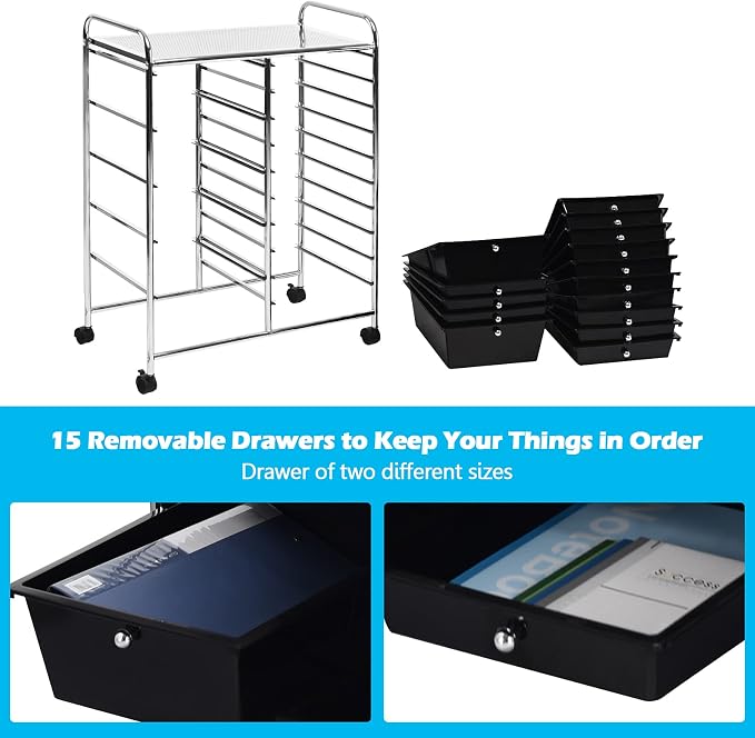 GOFLAME 15-Drawer Rolling Storage Cart, Craft Storage Cart with Removable Drawers & Lockable Wheels, Art Cart Supply Storage Organizer for Home Office Classroom, Black