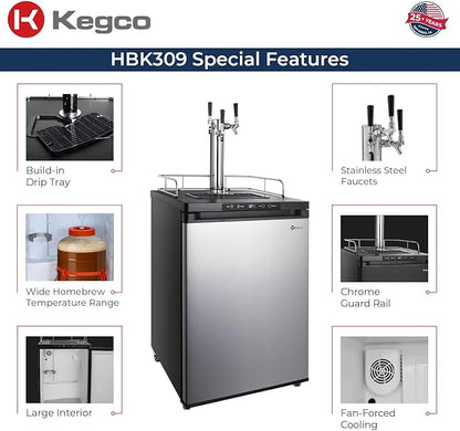 Kegco HBK309S-3 Full-Size Digital Homebrew Kegerator Triple Faucet Ball Lock Keg Dispenser Stainless, Stainless Steel