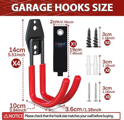 3-H Garden Hose Holder Wall Mount 4 Pack,Solid Steel Hose Hanger,Water Hose Holders for Outside,Perfect for Hanging Outdoor Air Hose,Ropes,Pipes,Garden Tools,Ladders,Bikes,Bulk Items(Red)