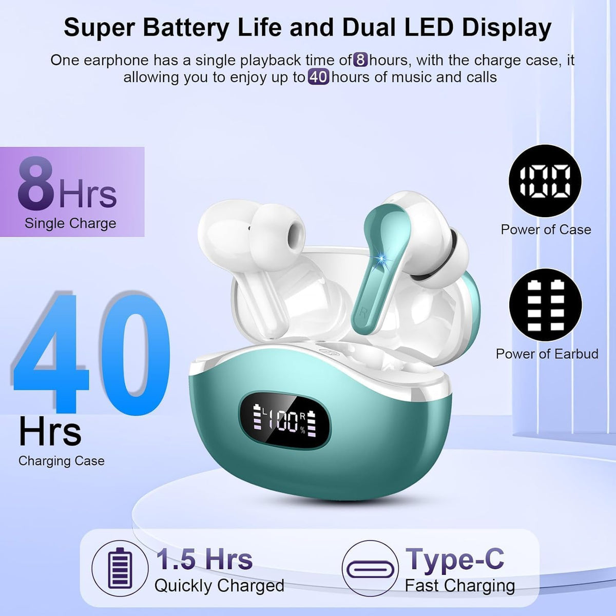 Wireless Earbuds, 2025 Bluetooth Headphones 5.3 HiFi Stereo Ear buds with ENC Noise Cancelling Mics, 40H Bluetooth Earbuds with Dual LED Display Charging Case, IP7 Waterproof Earphones for Android iOS