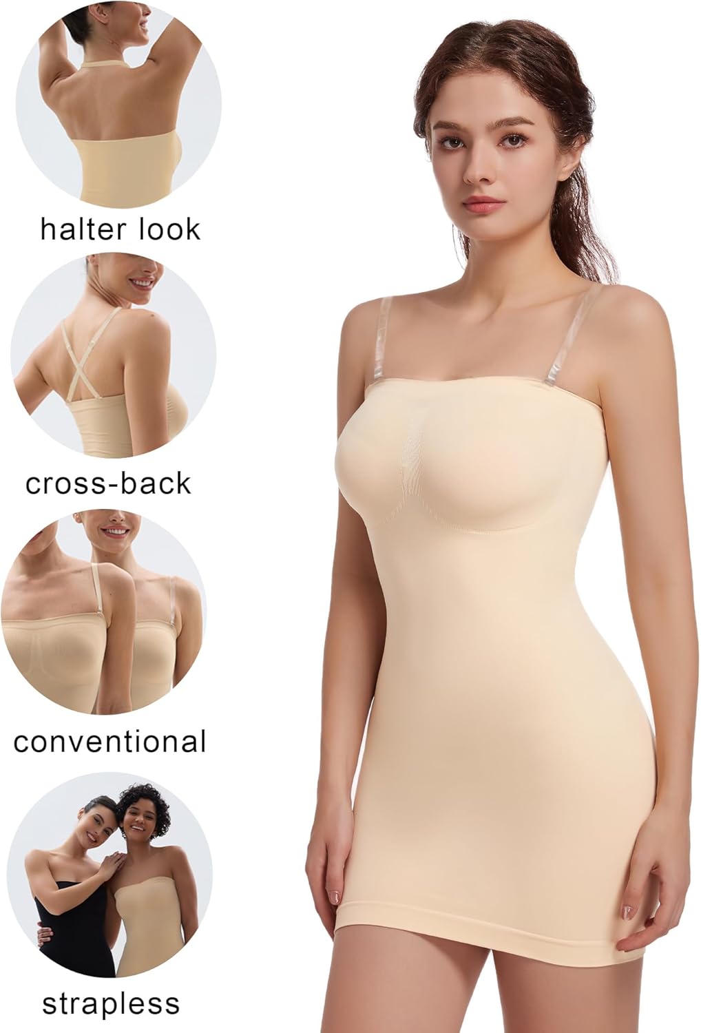 SHAPERX Strapless Shapewear Dress for Women Tummy Control Seamless Full Body Shaper Slip with Removable Straps