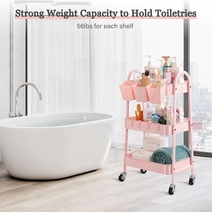 danpinera 3-Tier Rolling Cart, Utility Cart Mobile Metal Rolling Storage Cart with Lockable Wheels & Hanging Cups & Hooks for Kitchen, Bathroom, Office, Workshop, Pink