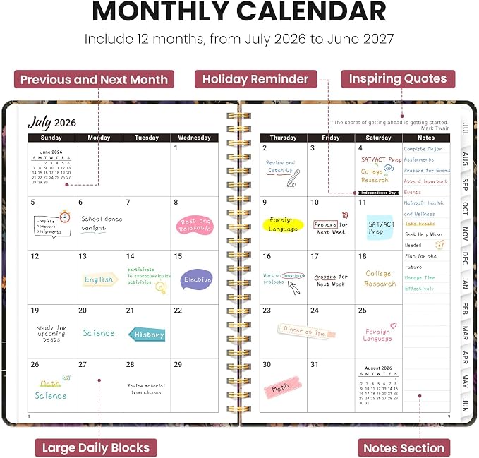 Planner 2026-2027, Academic Year Monthly & Weekly Planner Caledndar, July 2026 - June 2027, Hardcover Large Planning Agenda Book with Tabs for School Office Supplies, 6.3" x 8.5" - Midnight Bloom