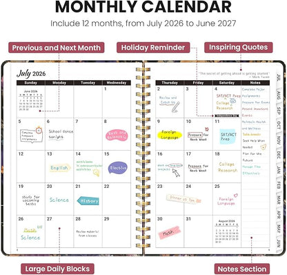 Planner 2026-2027, Academic Year Monthly & Weekly Planner Caledndar, July 2026 - June 2027, Hardcover Large Planning Agenda Book with Tabs for School Office Supplies, 6.3" x 8.5" - Midnight Bloom