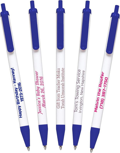 911PENS USA Made, Personalized Writing Ink Ballpoint Novelty Pens, Custom Printed with Your Logo & Text (Pack of 250 White Pens with Dark Blue Trim)