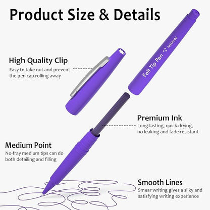 Lelix Felt Tip Pens, 40 Purple Pens, 0.7mm Medium Point, Felt Tip Markers Pens for Journaling, Writing, Note Taking, Planner, Perfect for Art Office and School Supplies