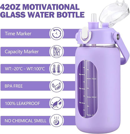 42oz Glass Water Bottles with Straw, Motivational Glass Bottle with Silicone Sleeve and Time Marker, Leakproof Large Glass Water Jug for Gym Home Office,Purple