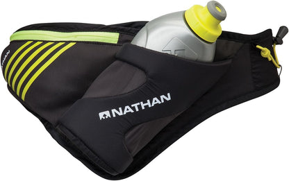 Nathan Peak Running Hydration Waist Pack Belt w/ Speed Draw Flask Water Bottle, 18oz/535 ml Push/Pull Race Cap, Expandable Zippered Stretch Pocket