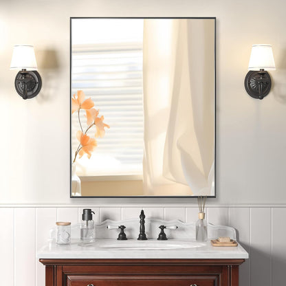 24x32 Inch Black Bathroom Mirror for Wall, Aluminum Frame Rectangle Rectangular Vanity Mirror, Modern Large for Bedroom, Living Room, Horizontal or Vertical