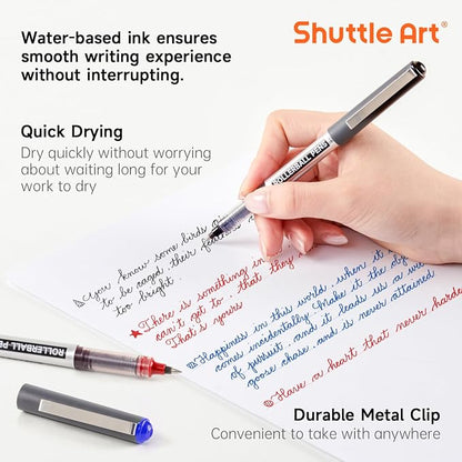 Shuttle Art Rollerball Pens, 10 Pack(8 black 1 blue 1 red) Liquid Ink Pens, 0.5mm Extra Fine Point, Quick Drying for Writing Journaling Taking Notes School Office