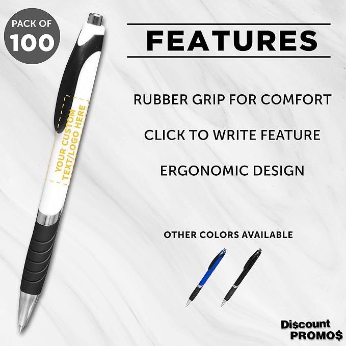 DISCOUNT PROMOS Ballpoint Pens With Rubber Grip - 100 pack - Customizable Text, Logo - Black Ink Ball Point Pen with Soft Touch Plastic - White