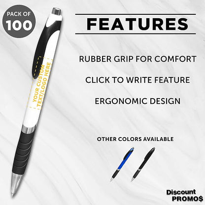 DISCOUNT PROMOS Ballpoint Pens With Rubber Grip - 100 pack - Customizable Text, Logo - Black Ink Ball Point Pen with Soft Touch Plastic - White