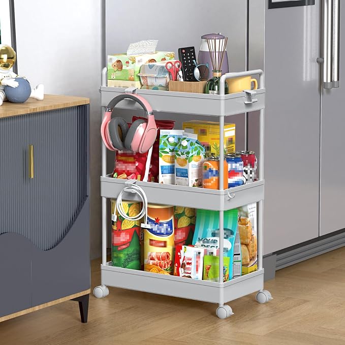 SOLEJAZZ 3 Tier Rolling Storage Cart with Wheels Slim Craft Nail Makeup Snack Art Baby Utility Cart Organizer on 2 Lockable Wheels for Bathroom Laundry Room Kitchen Bedside Narrow Spaces, Gray