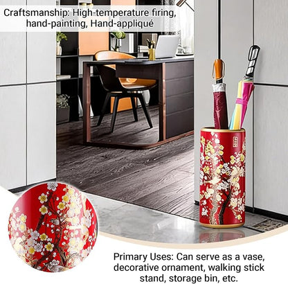 Ceramic Umbrella Stand Umbrella Holder for Entryway Hand-Made Umbrella Stand Barrels Umbrella Holder Cane Floor Standing Vase Ceramic Storage Bucket for Home Office Entrance Indoor.(Red 204)