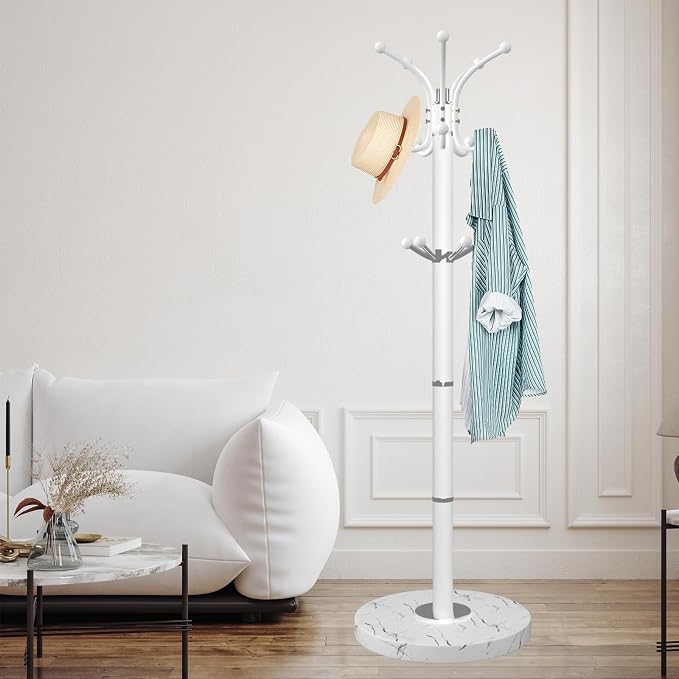 ZOZOE Metal Coat Rack Stand, Modern Coat Rack Freestanding with Natural Marble Base, 360° Rotary Design Coat Racks with 14 Hooks,White Coat Tree Hanger Stand for Bags,Hats,Entryway,Office
