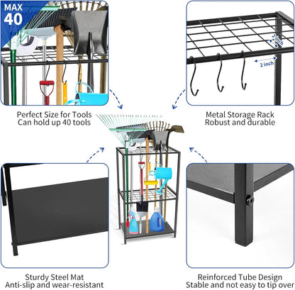 Garden Tool Organizer - Yard Tool Storage and Organizers, Utility Rack with 3 Hooks, Garden Yard Tool Stand Tower Racks, Tool Holder for Broom, Shovel, Rake, Mop, Garage Organization, Black