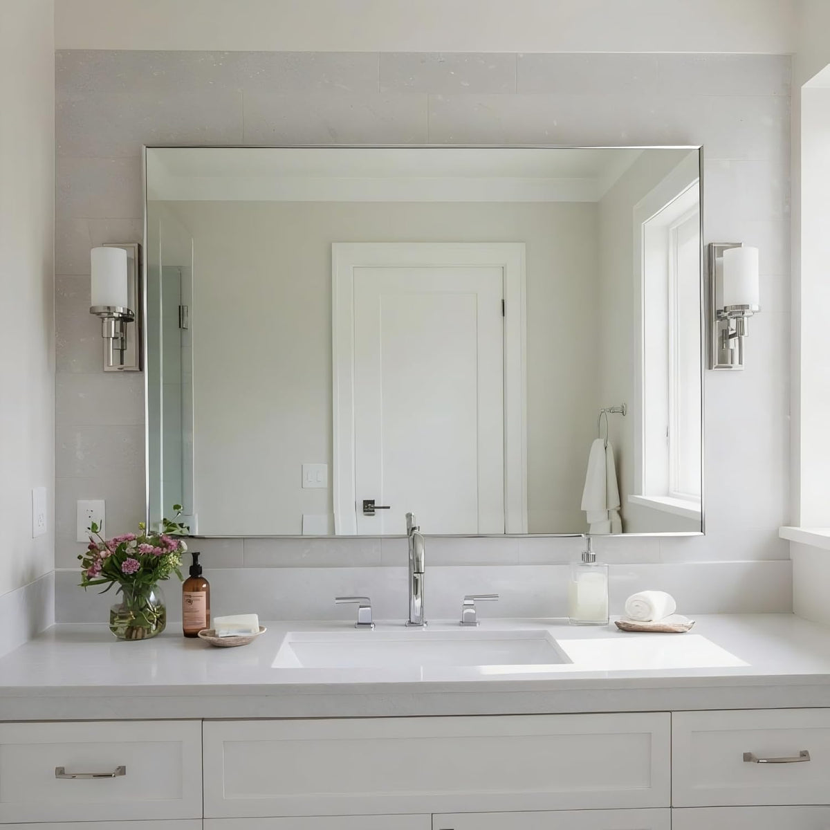 27x36 Inch Nickel Bathroom Mirror for Wall, Aluminum Frame Rectangle Rectangular Vanity Mirror, Modern Large for Bedroom, Living Room, Horizontal or Vertical