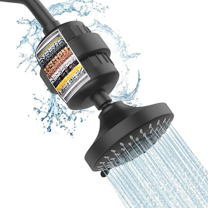 FEELSO Shower Head and 15 Stage Shower Filter Combo, High Pressure 5 Spray Settings Filtered Showerhead with Water Softener Filter Cartridge for Hard Water Remove Chlorine and Harmful Substances