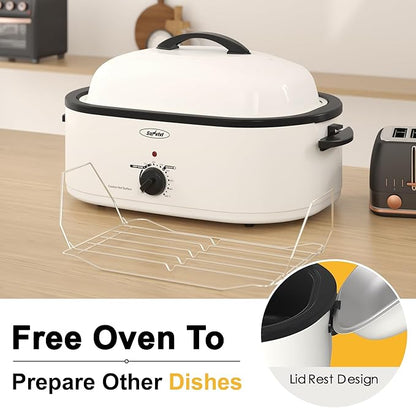 Royalcraft Roaster Oven with Self-Basting Lid, 18qt Electric Roaster with Removable Pan & Rack, Turkey Roaster Oven with Defrost & Warm Function, Stainless Steel, White
