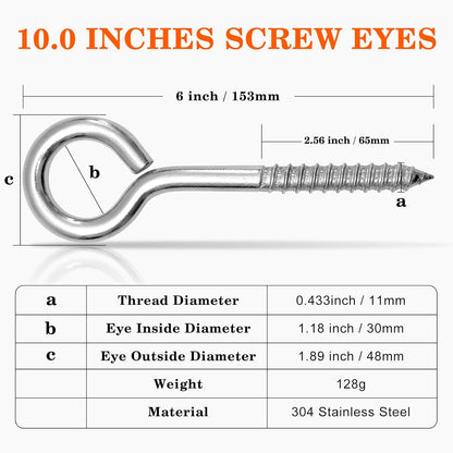 2Pcs Self Tapping Eyelet Screw Eye Bolt，6 Inch Heavy Duty Screw Eyes Hooks ，M10 Wooden Large Screw Eye Hook，Load Capacity 800 Lbs for Hammock ，Yoga，Heavy Indoor Outdoor Uses (2, M10-6 INCH)