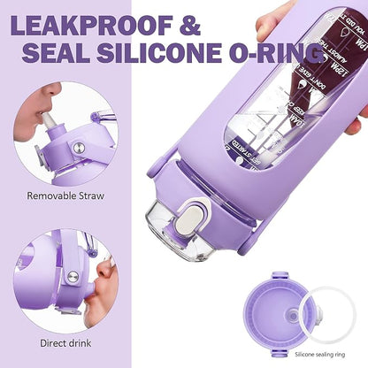 42oz Glass Water Bottles with Straw, Motivational Glass Bottle with Silicone Sleeve and Time Marker, Leakproof Large Glass Water Jug for Gym Home Office,Purple
