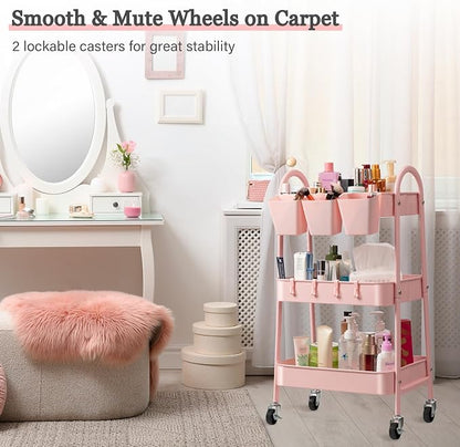 danpinera 3-Tier Rolling Cart, Utility Cart Mobile Metal Rolling Storage Cart with Lockable Wheels & Hanging Cups & Hooks for Kitchen, Bathroom, Office, Workshop, Pink