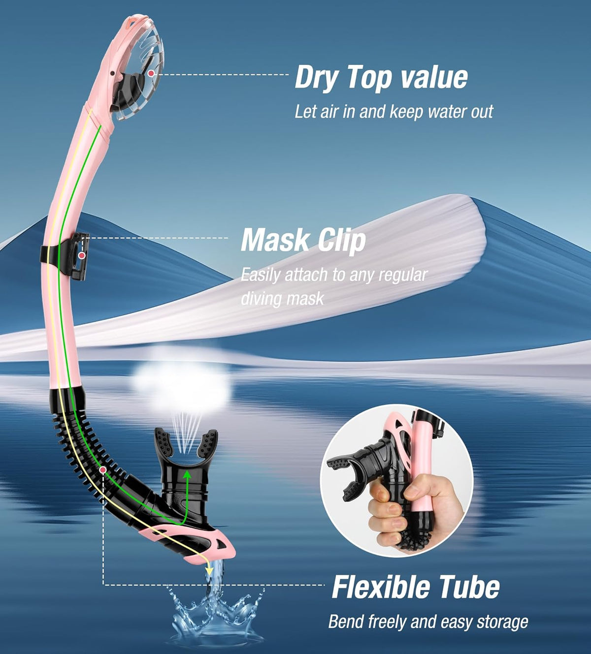 Aegend Dry Snorkel, Dive Mask Easy-Breath Free Diving Snorkel for Snorkeling Scuba Diving Freediving Swimming, with Top Dry Valve and Food-Grade Silicone Mouthpiece