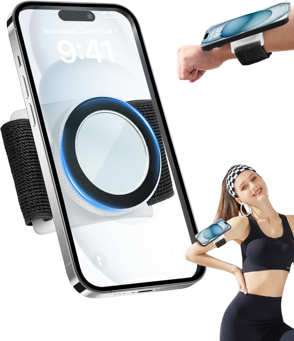 TOPGO Magnetic Running Phone Holder for iPhone, HD Mirror & Extendable Anti-Drop Rope for Gym/Yoga, 360° Rotatable Wrist Phone Holder, Fits iPhone 16 Pro & Android (Black, 2 Straps)