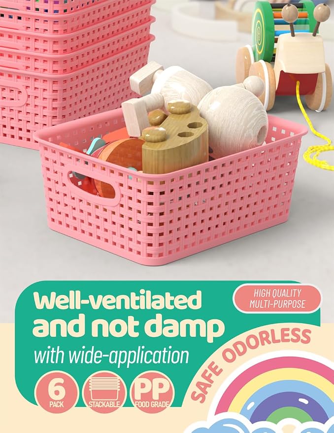 WYT 6-Pack Plastic Small Shelf Storage Weave Baskets Organizing for Cabinets and Pantries, Pink