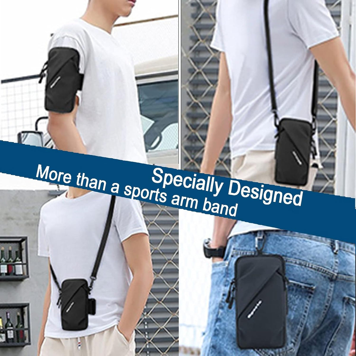 Phone Holder Arm Band, Small Crossbody Shoulder Holsters Bag with Arm Bands, Fits iPhone and Android, Use for Running, Walking, Hiking & Biking (6.7 Inches, Black)