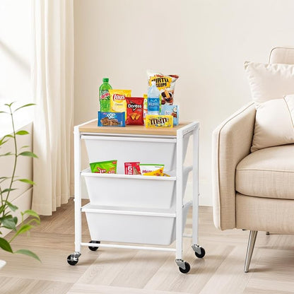 Rolling Cart with 3 Drawers, Plastic Drawer Storage Carts with Lockable Wheels & Wooden Tabletop, Metal Utility Cart Organizer, Office Bedroom Classroom Craft Organization and Storage, Bright White