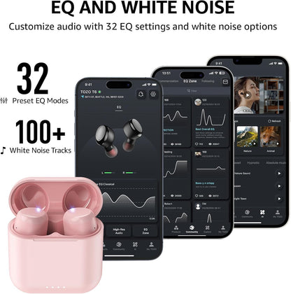 TOZO T6 Wireless Earbuds, IPX8 Waterproof Ear Buds, Stereo Bass Sound Bluetooth 5.3 Headphones in Ear, 50 Hours Playtime Earphones, Wireless Charging Case, Custom 32 EQ via APP