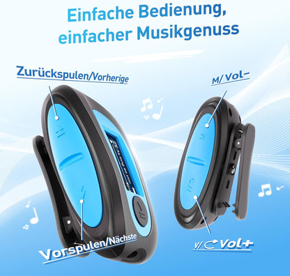 AGPTEK IPX8 Waterproof Mp3 Player with Screen, Multi-Functional Clip Music Player with Waterproof Headphones for Surfing Swimming Water Sports