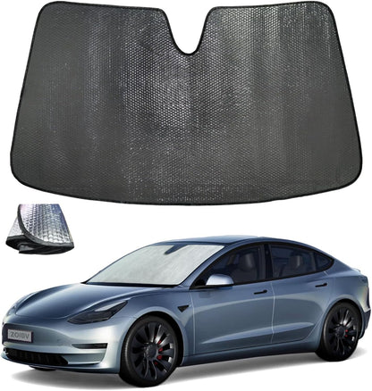 Windshield Sun Shade for Tesla Model Y 2020-2024 - 5-Layer Bubble Accordion Foldable Front Window Shade Sun Visor Accessories - Blocks Heat & UV Rays