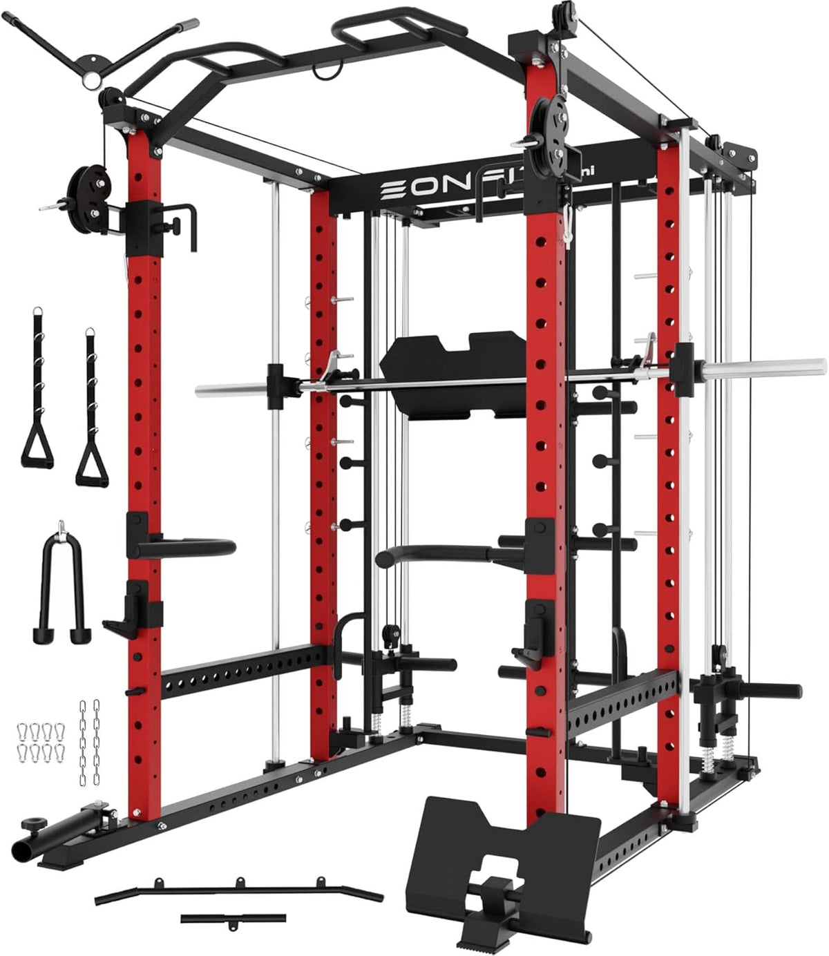 Eonfit E5 Smith Machine with Vertical Leg Press, Power Cage Squat Rack with LAT-Pull Down Cable Crossover Rotating Arms System Home Gym Equipment All in One (E5 RED)
