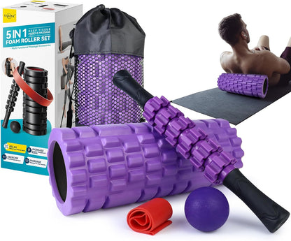 5 in1 Foam Roller Set, High Density Deep Tissue Massager for Muscle Massage, Massage Roller, Massage Ball, Resistance Band for Whole Body Physical Therapy Deep Muscle Massage (Purple)