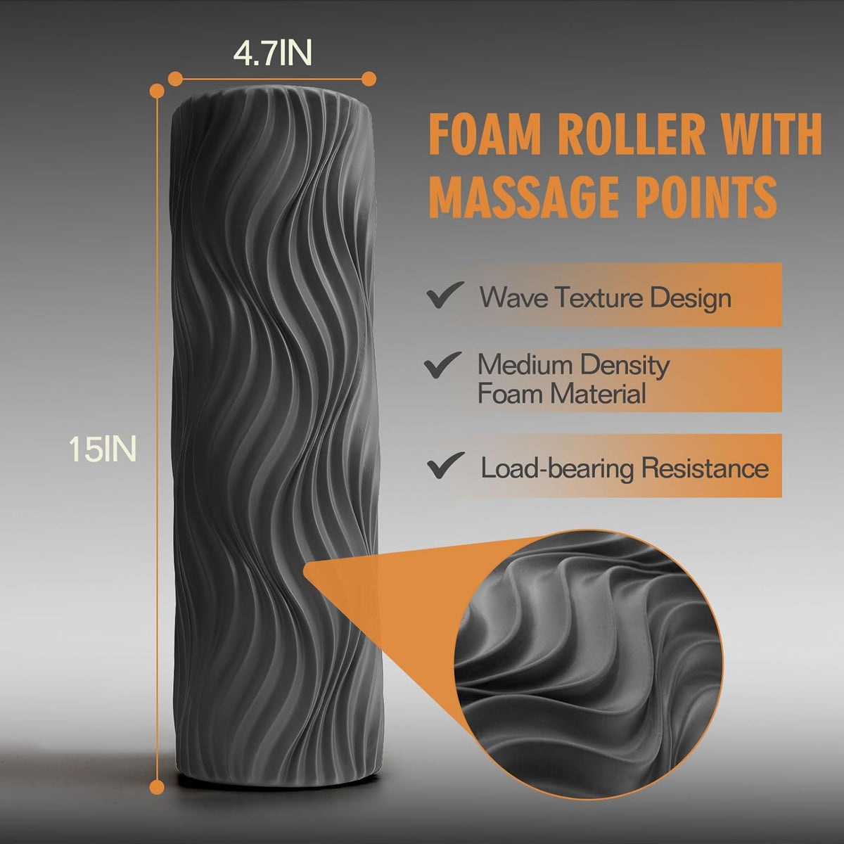 Foam Roller, Deep Tissue Massage Muscle Roller Back Roller Foam with Wave Texture - Back Pain Relief & Physical Therapy, Fitness Foam Roller for Pilates, Yoga (Grey)