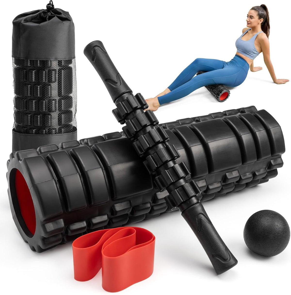 5 in 1 Foam Roller High Density Foam Roller Set for Deep Tissue Muscle Massage, 18" Trigger Point Fitness Exercise Massage Roller, Self-Myofascial Release for Whole Body (Black)