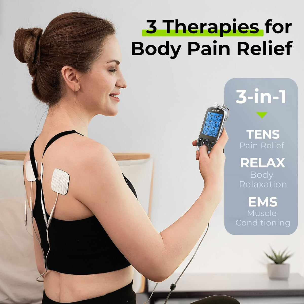 AUVON 3-in-1 TENS Unit Muscle Stimulator, EMS Massage Machine with 40 Intensities for Gradual Shoulder, Sciatica, Back Pain Relief, 24 Modes Rechargeable Electronic Pulse Massager with 12 TENS Pads